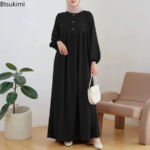 فساتين ماكسي كاجوال بأكمام منفوخة للنساء، فساتين إسلامية بسيطة وفضفاضة بلون موحد، قفطان تركي دبي أنيق، فساتين أنيقة 4