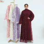 عباية زهراء الإسلامية مع فستان داخلي وحجاب مزين بالدانتيل وزهور ثلاثية الأبعاد، طقم من 3 قطع، فساتين نسائية للعيد، عباية نسائية مسلمة 2
