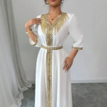 عباءة قفطان مغربية أنيقة للنساء، فستان ماكسي محتشم بتطريز ذهبي وياقة على شكل V مع حزام، مناسب للعيد والحفلات المسائية الإسلامية في دبي 1